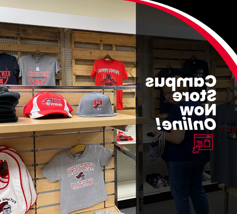 Image of a campus store featuring various Kentucky Christian University merchandise, including apparel and hats. Text overlay reads "Campus Store Now Online!.